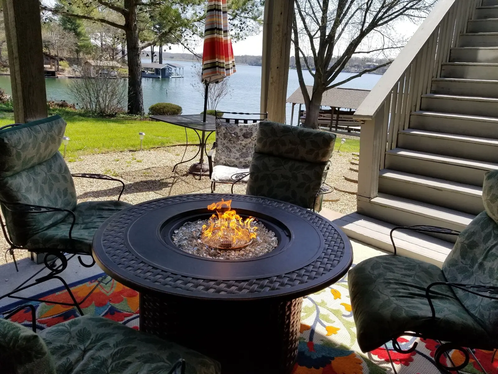 Outdoor fire pit beside the lake